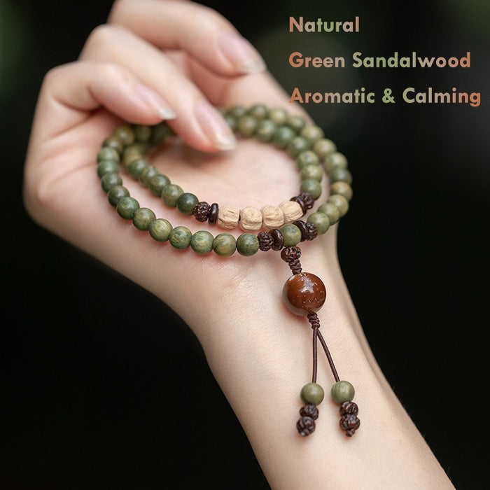 natural green sandalwood mala bracelet handmade wood beads crystal accent