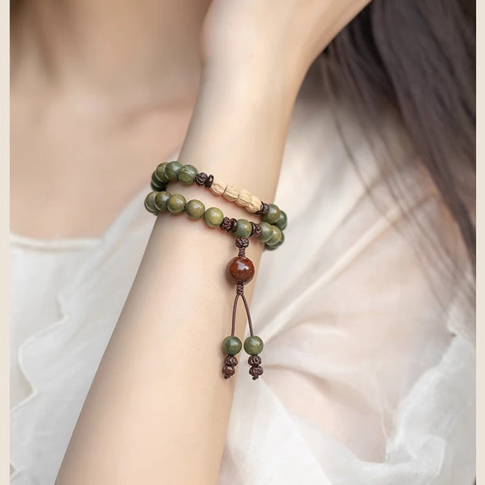 natural green sandalwood mala bracelet handmade wood beads crystal accent