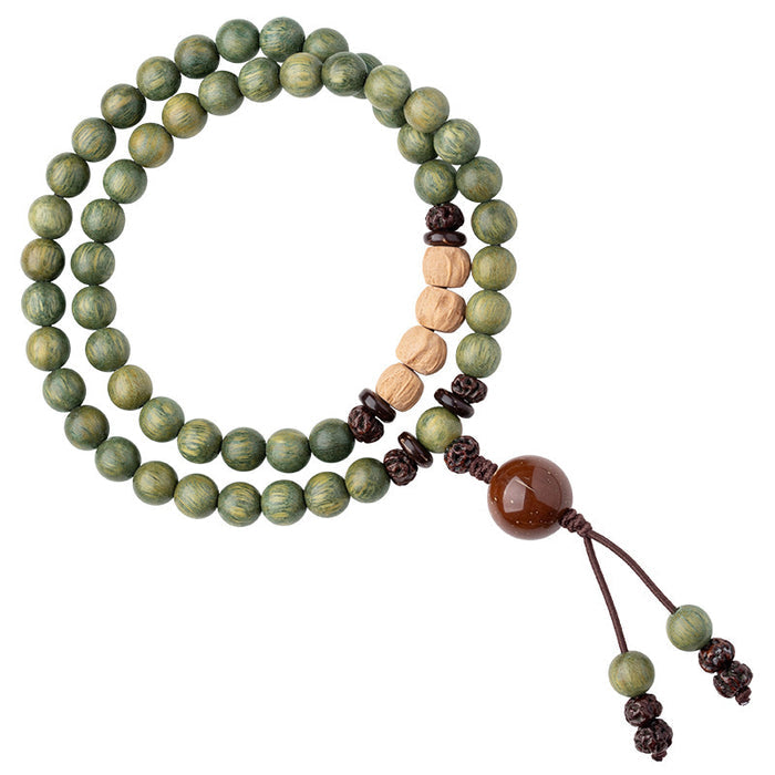natural green sandalwood mala bracelet handmade wood beads crystal accent