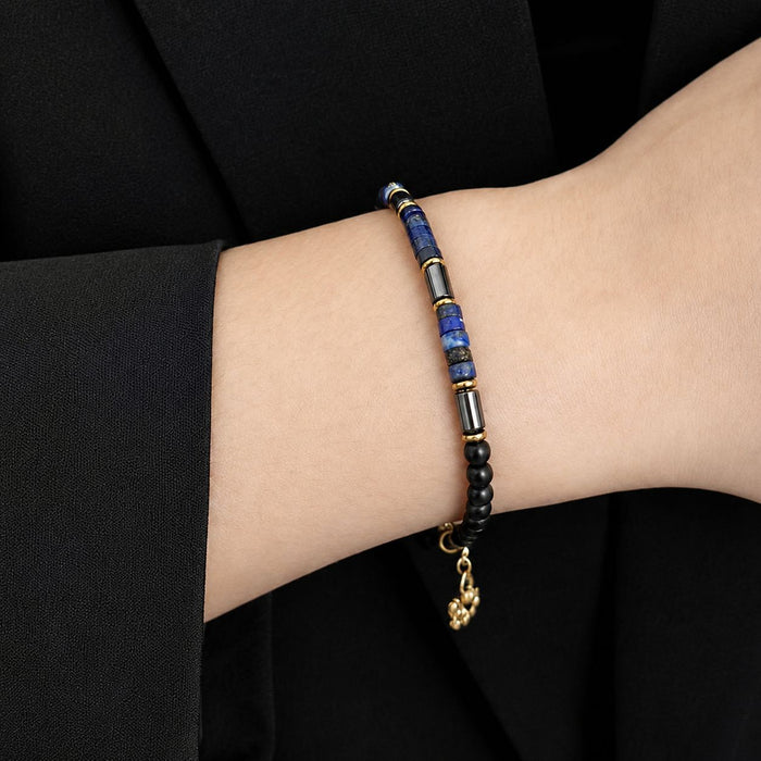 Men wearing a natural Lapis Lazuli bracelet with Black Obsidian gemstones