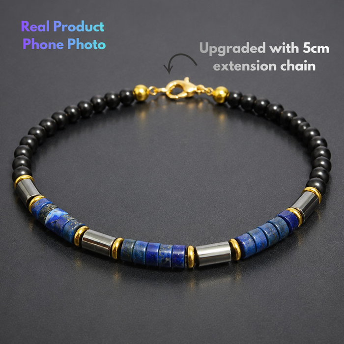 Natural Lapis Lazuli Bracelet for Men with Genuine Black Obsidian and Hematite
