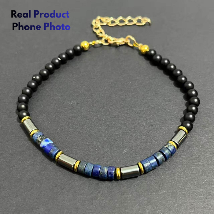 Handcrafted men's gemstone bracelet featuring natural Lapis Lazuli and Black Obsidian