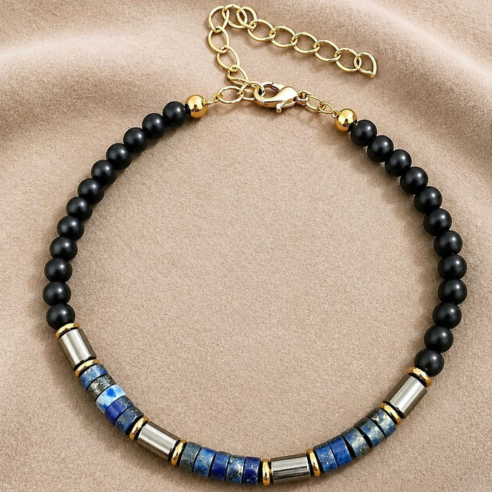 Genuine Lapis Lazuli, Black Obsidian and Hematite bracelet for everyday wear