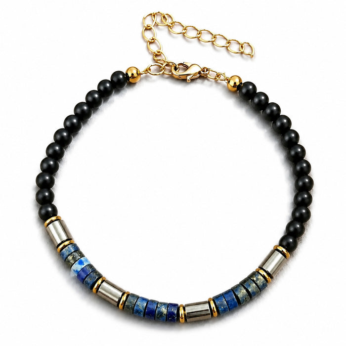 Natural Lapis Lazuli Bracelet for Men with Genuine Black Obsidian and Hematite white background