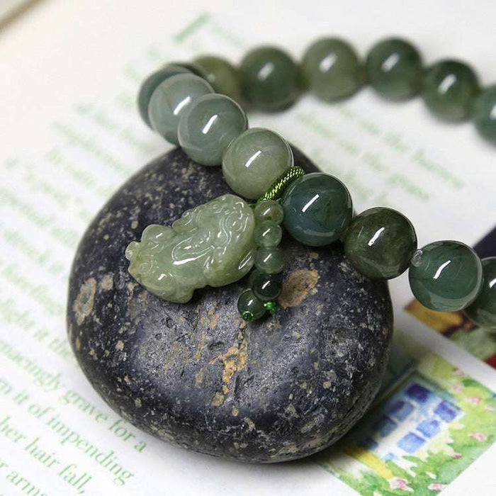 Hand-crafted Jadeite Jade Bracelet Unisex Stretch Cord Burmese Pixiu Wealth