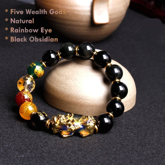 Rainbow-Eye Black Obsidian Pixiu Bracelet Unisex 10mm