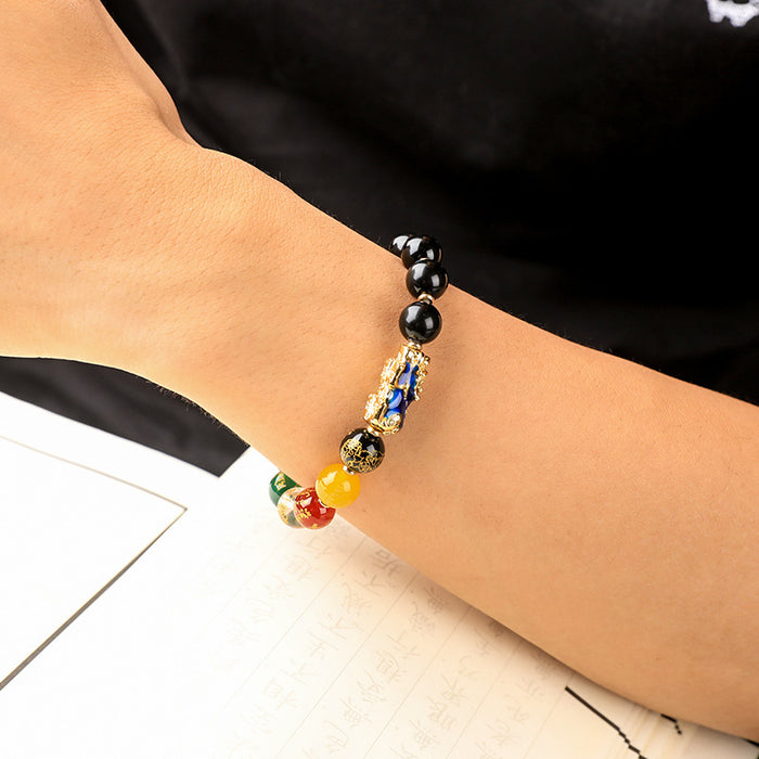 Black Obsidian Stretch Gemstone Bracelet with Pixiu Charm