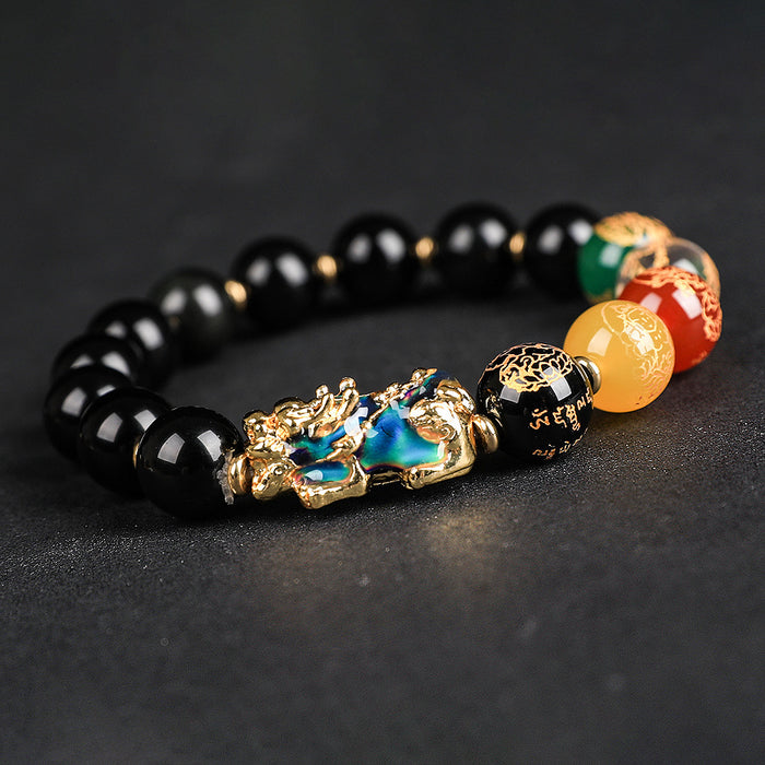 Unisex Gemstone Bracelet Black Obsidian Rainbow Effect 10mm