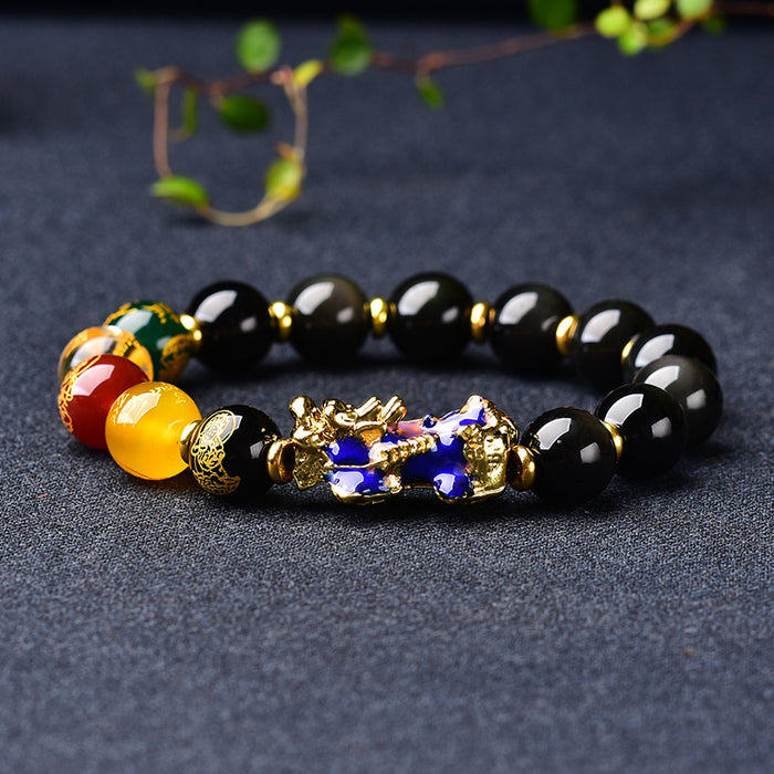 Rainbow-Eye Black Obsidian Pixiu Bracelet Unisex 10mm