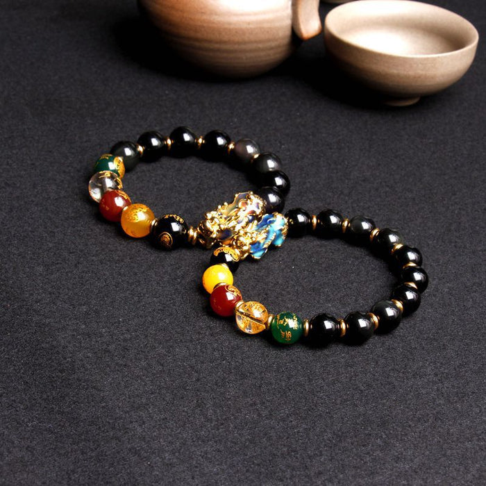Black Obsidian Stretch Gemstone Bracelet with Pixiu Charm
