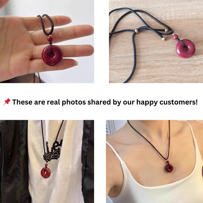 feng shui amulet necklace red cinnabar donut pendant unisex style