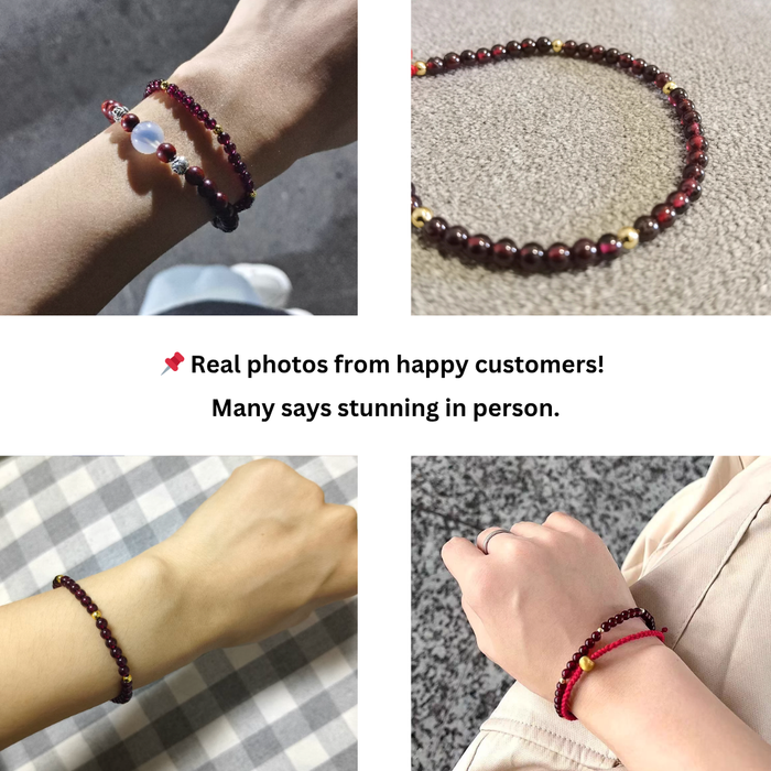 Natural red garnet bracelet with golden beads on red string
