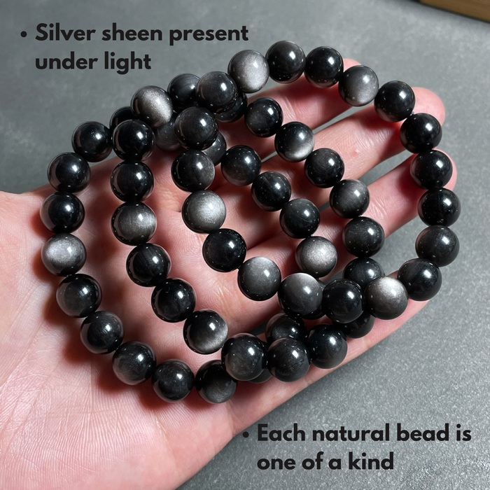 Handcrafted Silver Sheen Obsidian stretch bead bracelet