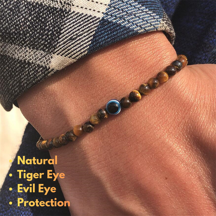 Natural Tiger Eye Evil Eye bracelet for men worn on wrist with genuine gemstone beads