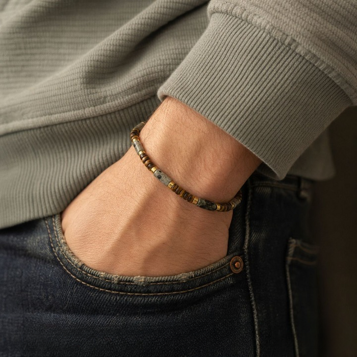 Man Wearing a Natural Lapis Lazuli and Tiger Eye Bracelet