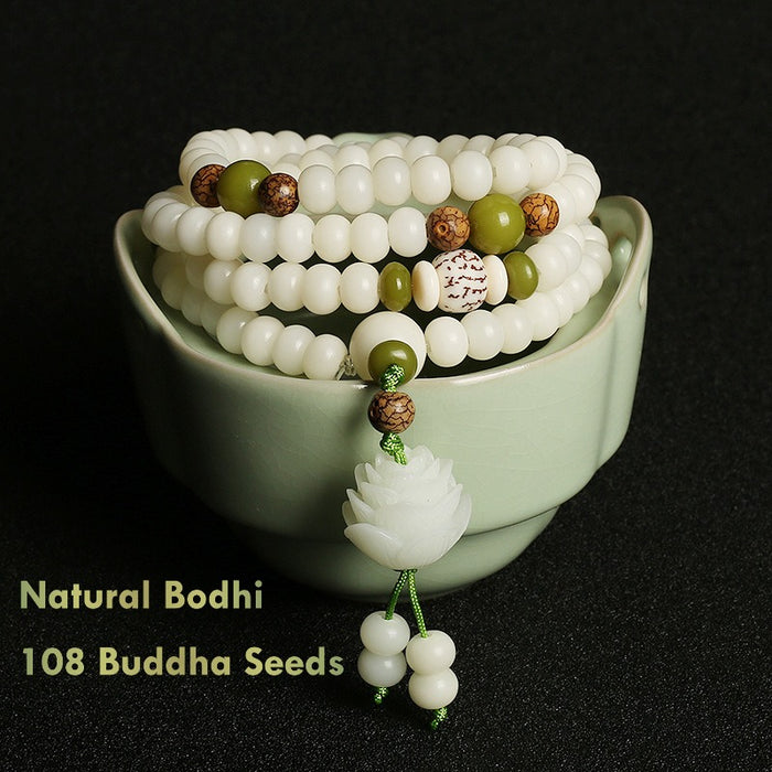 Natural White Bodhi Seed Mala Bracelet 108 Beads Lotus Pendant