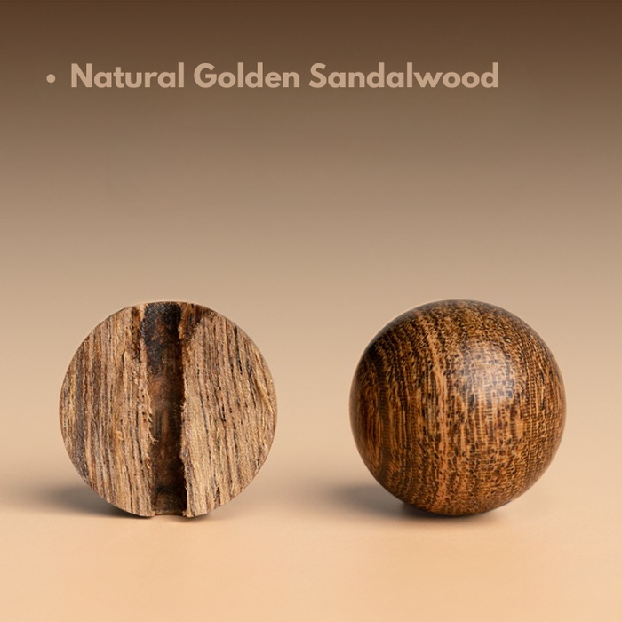 Natural Golden Sandalwood beads showing unique wood grain texture