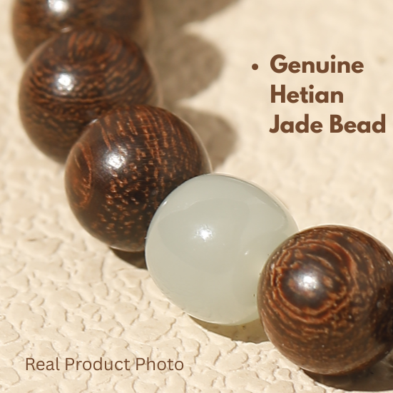 Close-up of genuine natural Hetian Jade bead on a wooden bracelet 2