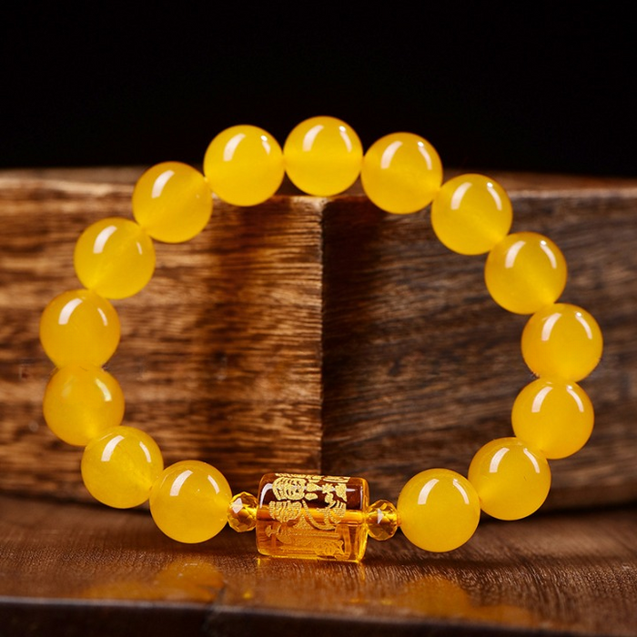 Natural yellow chalcedony Feng Shui bracelet with Three Wealth Gods charm