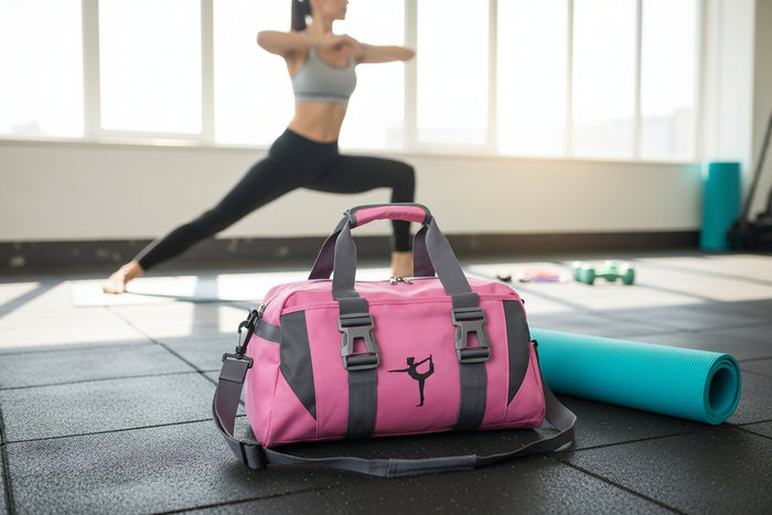 A pink and gray nylon yoga bag with a shoulder strap and a silhouette of a yoga pose on the front.