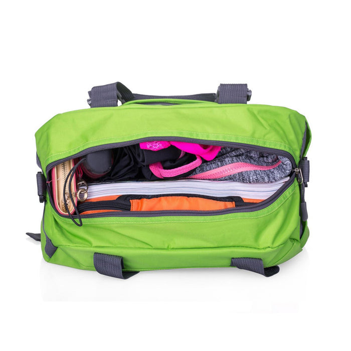 Green backpack with compartments open on a white background