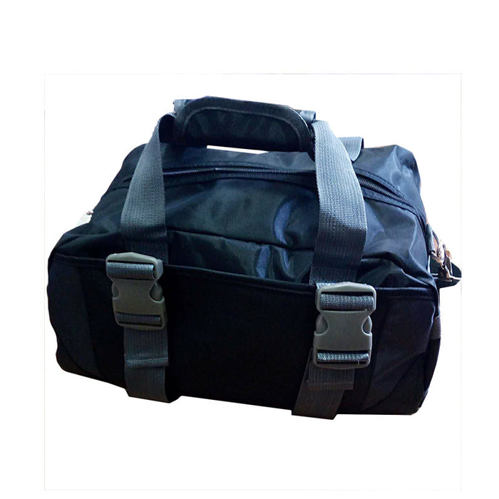 Black duffel bag with gray handles and buckles on a white background