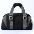 A pink and gray nylon yoga bag with a shoulder strap and a silhouette of a yoga pose on the front.