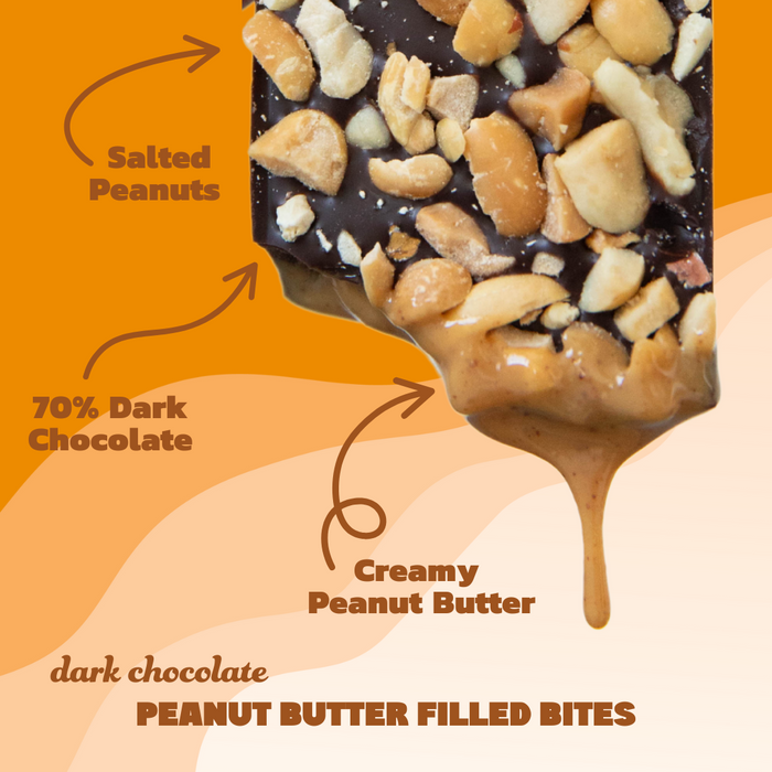 Dark chocolate peanut butter filled bites with salted peanuts on an orange background