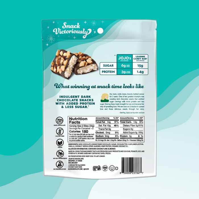 Snack package for coconut almond bites with nutritional info on a teal background