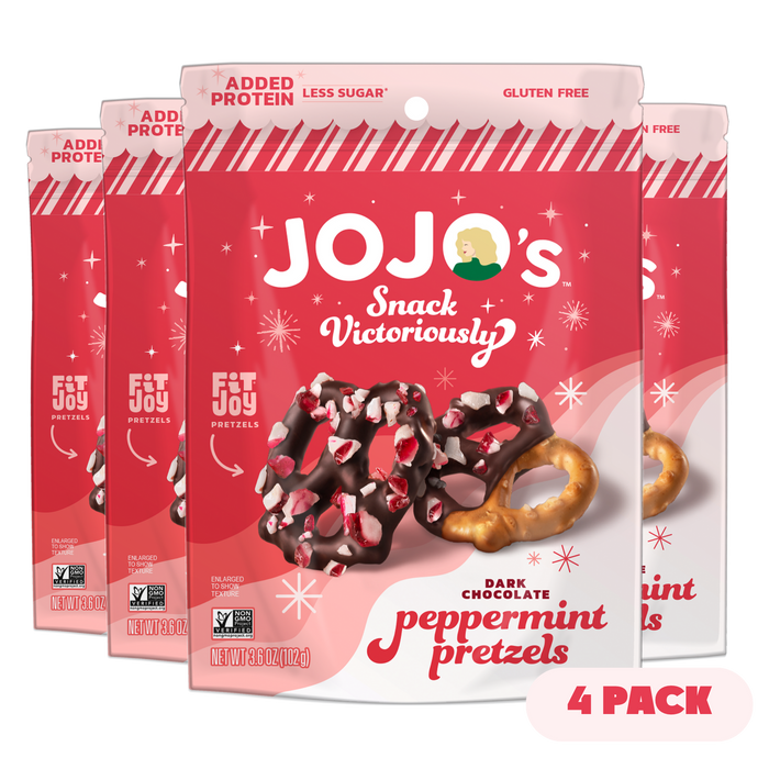 JOJO's peppermint pretzels packaging with red and white design. 4 pack gluten free dark chocolate snacks.