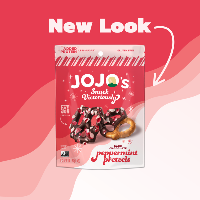 JOJO's peppermint pretzels packaging with a red background and 'New Look' text.