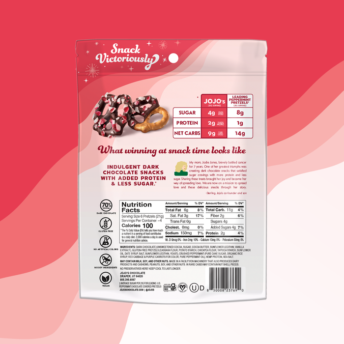 Snack packaging nutritional information with 'Snack Victoriously' branding on a red and pink gradient background
