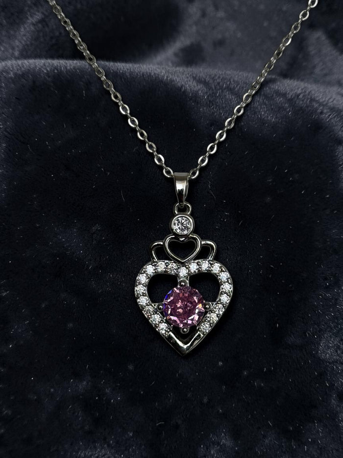 Pink Heart Pendant Necklace – Silver Tone Sparkling Stone Love Necklace for Women 7065