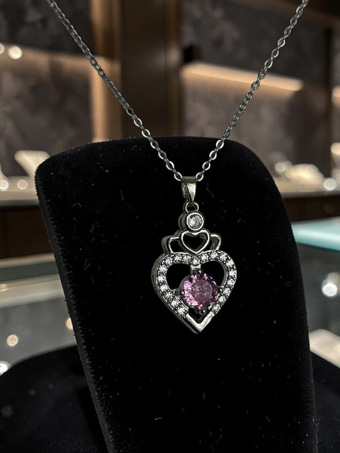 Pink Heart Pendant Necklace – Silver Tone Sparkling Stone Love Necklace for Women 7065