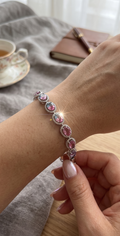 Pink Oval Crystal Rope Halo Bracelet – Silver Tone Statement Bracelet, Gift Ready 7078