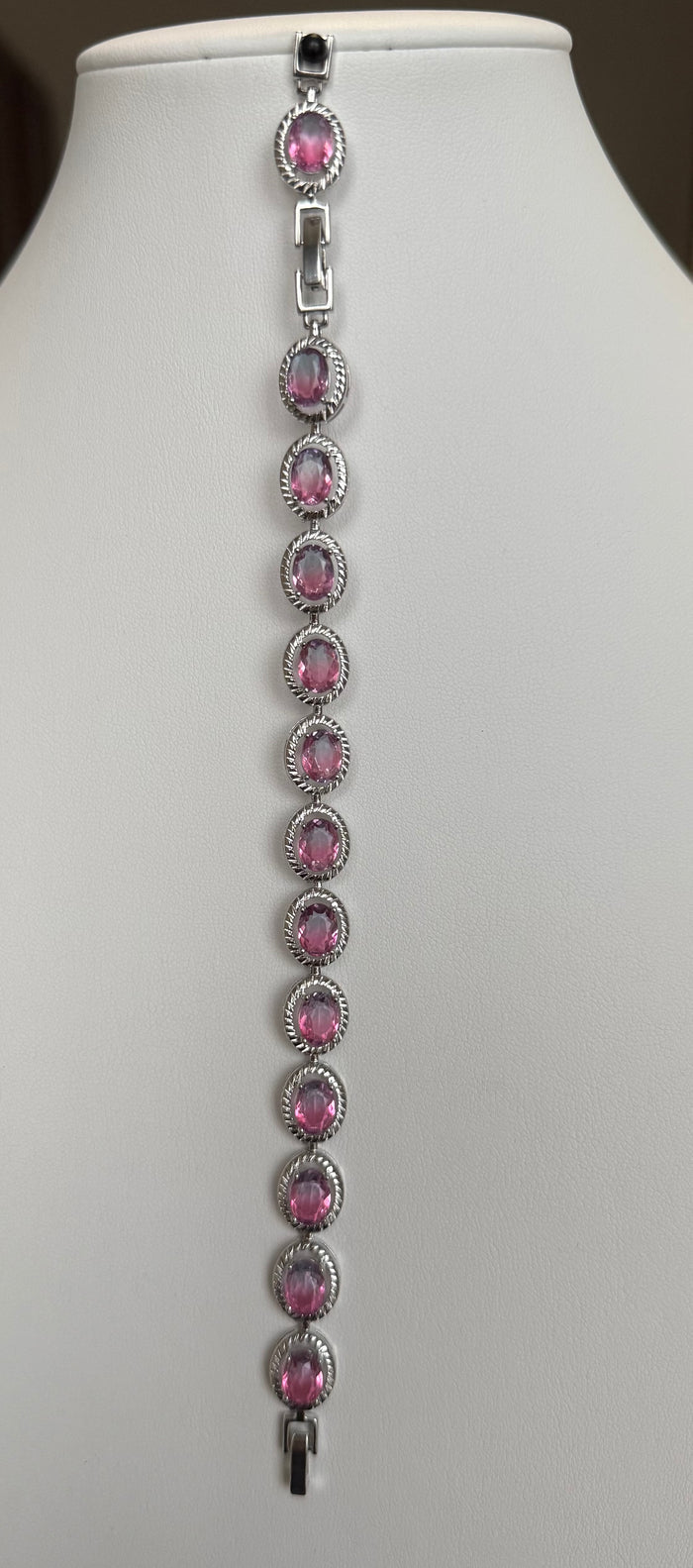Pink Oval Crystal Rope Halo Bracelet – Silver Tone Statement Bracelet, Gift Ready 7078