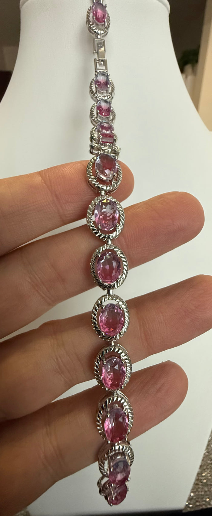 Pink Oval Crystal Rope Halo Bracelet – Silver Tone Statement Bracelet, Gift Ready 7078