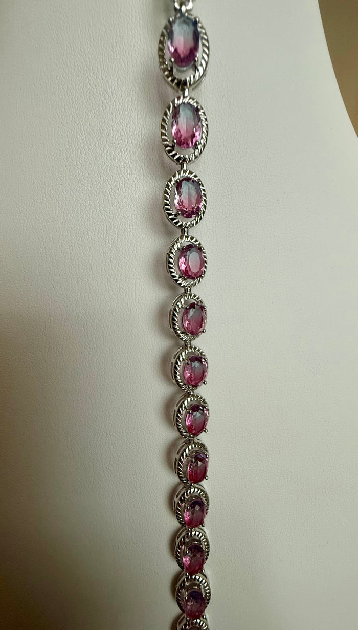 Pink Oval Crystal Rope Halo Bracelet – Silver Tone Statement Bracelet, Gift Ready 7078
