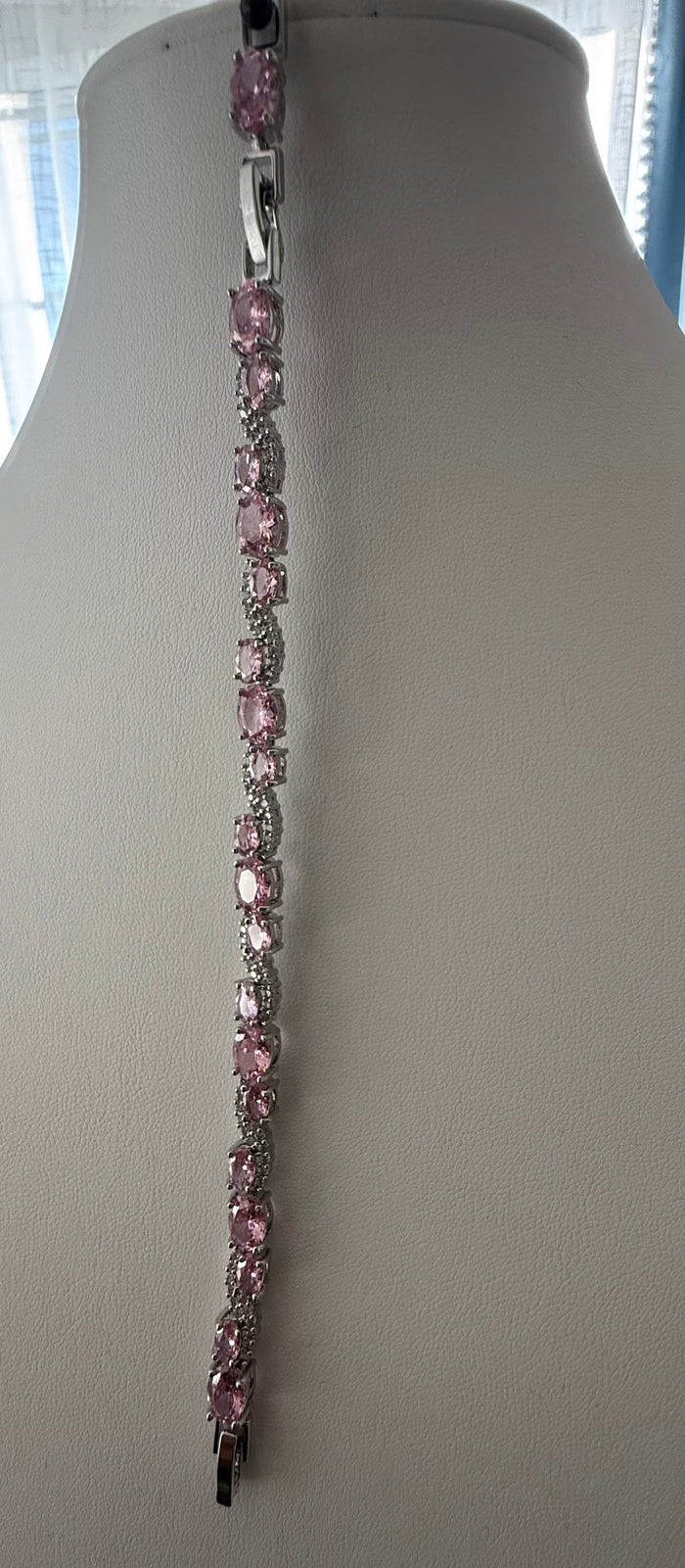 Pink Oval Crystal Swirl Bracelet – Silver Tone Sparkling Statement Jewelry 7085