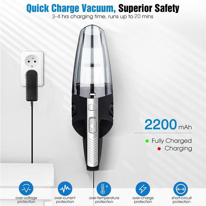 Handheld vacuum cleaner with charging cable and safety features on a white background