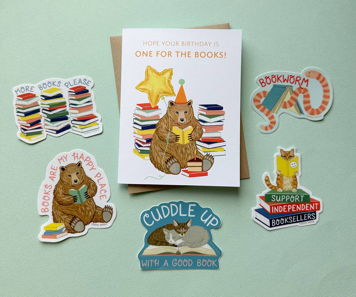 Reading Bear with Books and Cake Birthday Card - The Regal Find