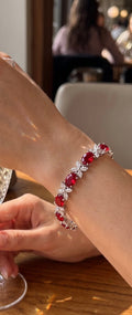 Ruby Red Oval Crystal Butterfly Bracelet – Silver Tone Statement Jewelry 7086