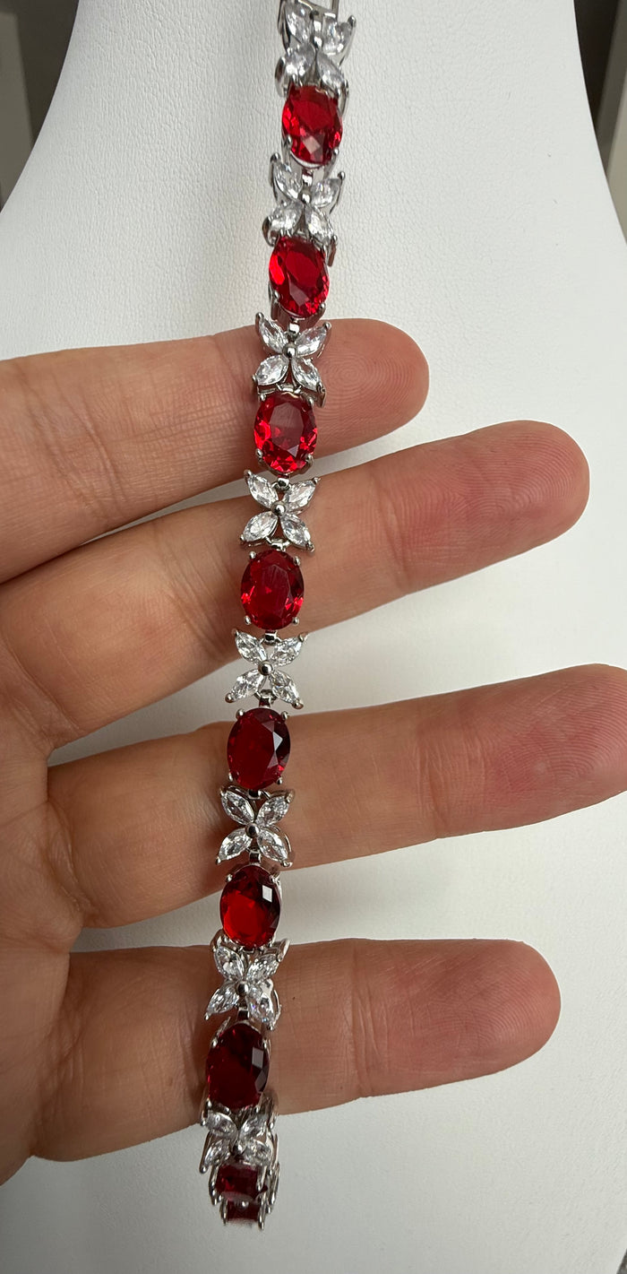 Ruby Red Oval Crystal Butterfly Bracelet – Silver Tone Statement Jewelry 7086