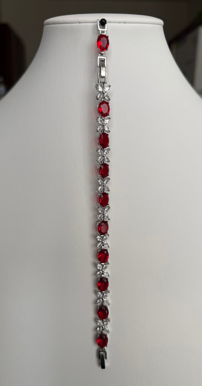 Ruby Red Oval Crystal Butterfly Bracelet – Silver Tone Statement Jewelry 7086