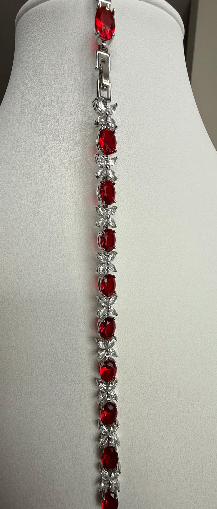 Ruby Red Oval Crystal Butterfly Bracelet – Silver Tone Statement Jewelry 7086
