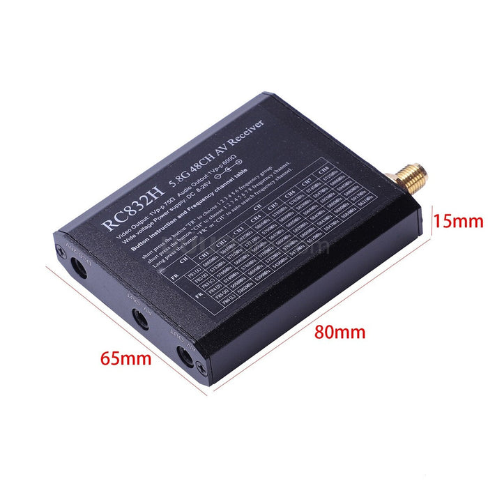 RC832H 5.8G 48CH AV Receiver for drones, compact 80x65x15mm design with frequency table