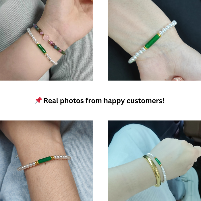 Handmade pearl and jade bracelet on white background