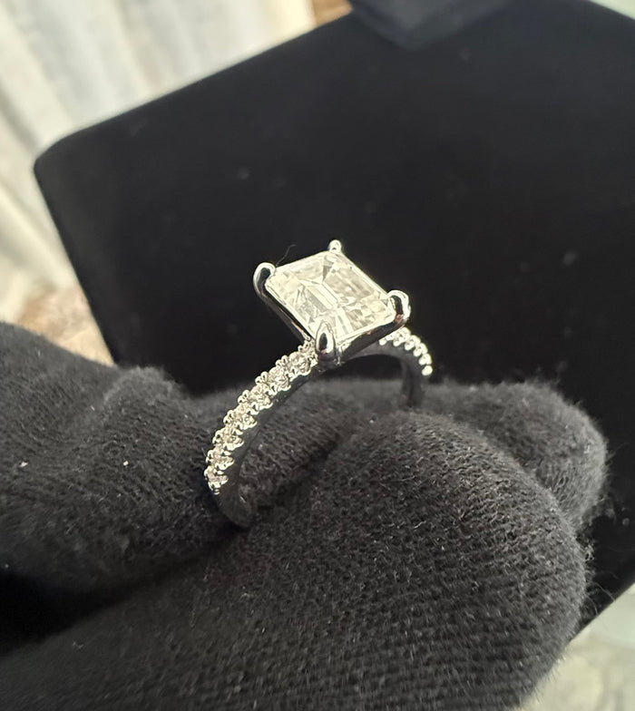 Size 6 Emerald Cut Moissanite Engagement Ring 4 Prong Pavé Band.   6016