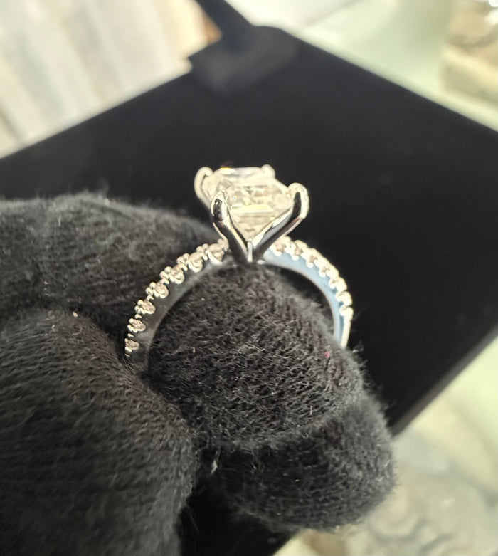 Size 6 Emerald Cut Moissanite Engagement Ring 4 Prong Pavé Band.   6016