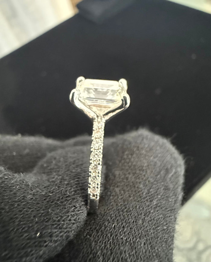 Size 6 Emerald Cut Moissanite Engagement Ring 4 Prong Pavé Band.   6016